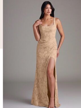Azazie Champagne Jacquard Maxi Dress with Thigh Slit